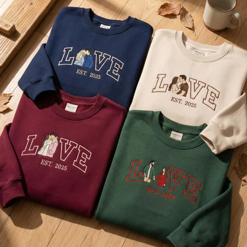 Custom Couple Embroidered Sweatshirt from Photo Personalised Picture Portrait Hoodie with Love and Est Year Couple Valentine Gifts