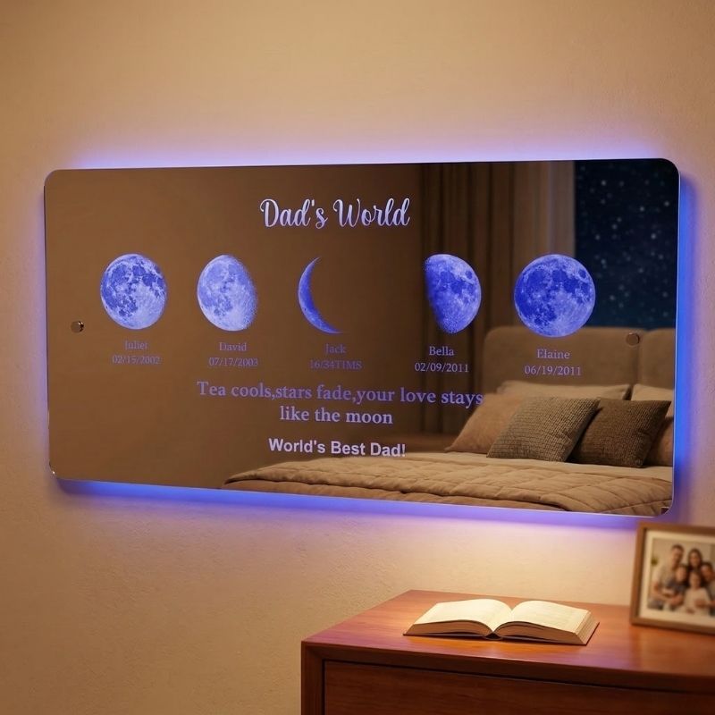 Custom LED Mirror Light Frame with Text and Date Personalised Moon Phase Mirror Lamp Dad's Universe Gift for Dad