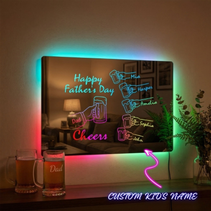 Personalised Cheers Dad Mirror Light Custom Dad & Child Names Happy Father's Day Whiskey Beer Theme Lamp
