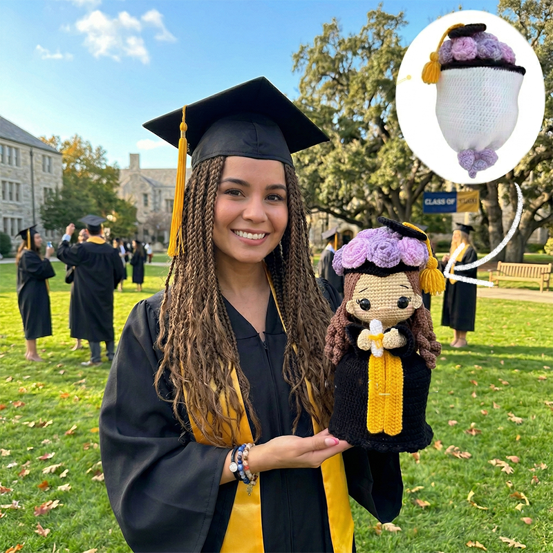 Handmade Finished Reversible Crochet Graduation Rose Bouquet with Embroidered Name Custom Crochet Doll Graduation Gifts