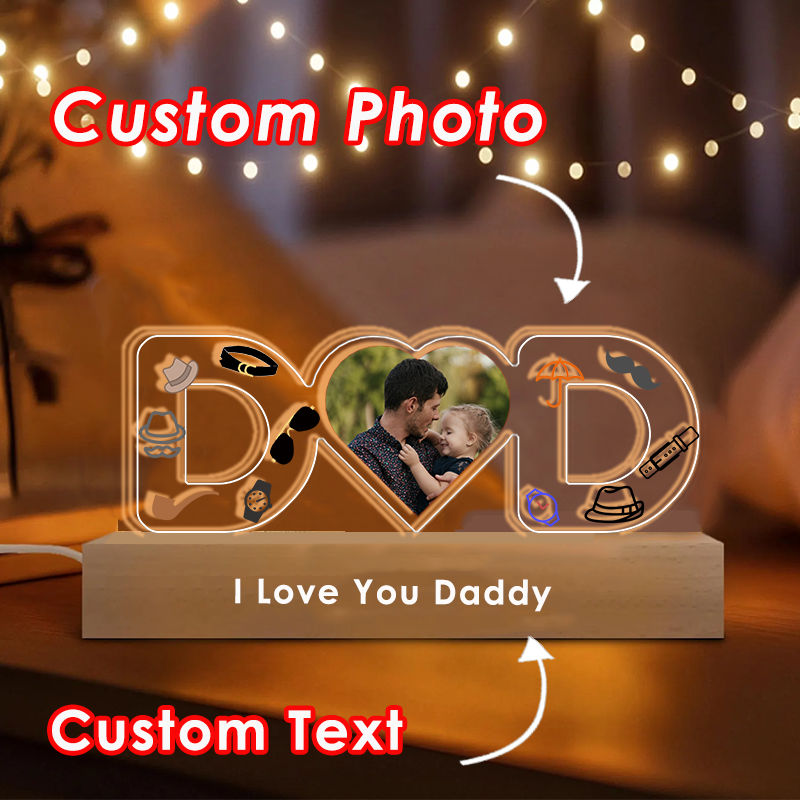 Personalised Dad Heart Photo Night Light Custom Text and Name LED Lamp Light Fathers Day Gift