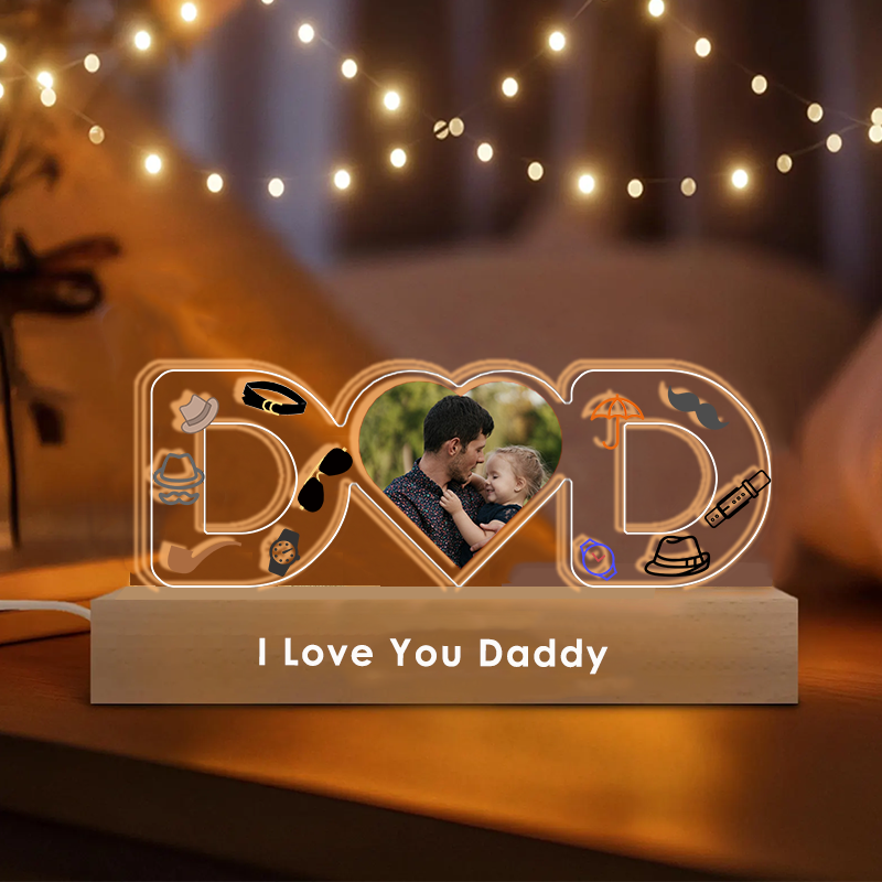 Personalised Dad Heart Photo Night Light Custom Text and Name LED Lamp Light Fathers Day Gift