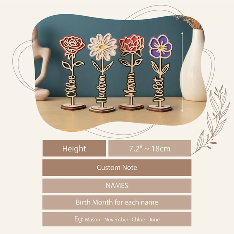 Personalised Wooden Rose Flower Name Stand Laser Cut Plywood Names & Birth Month Flowers Gifts for Mom