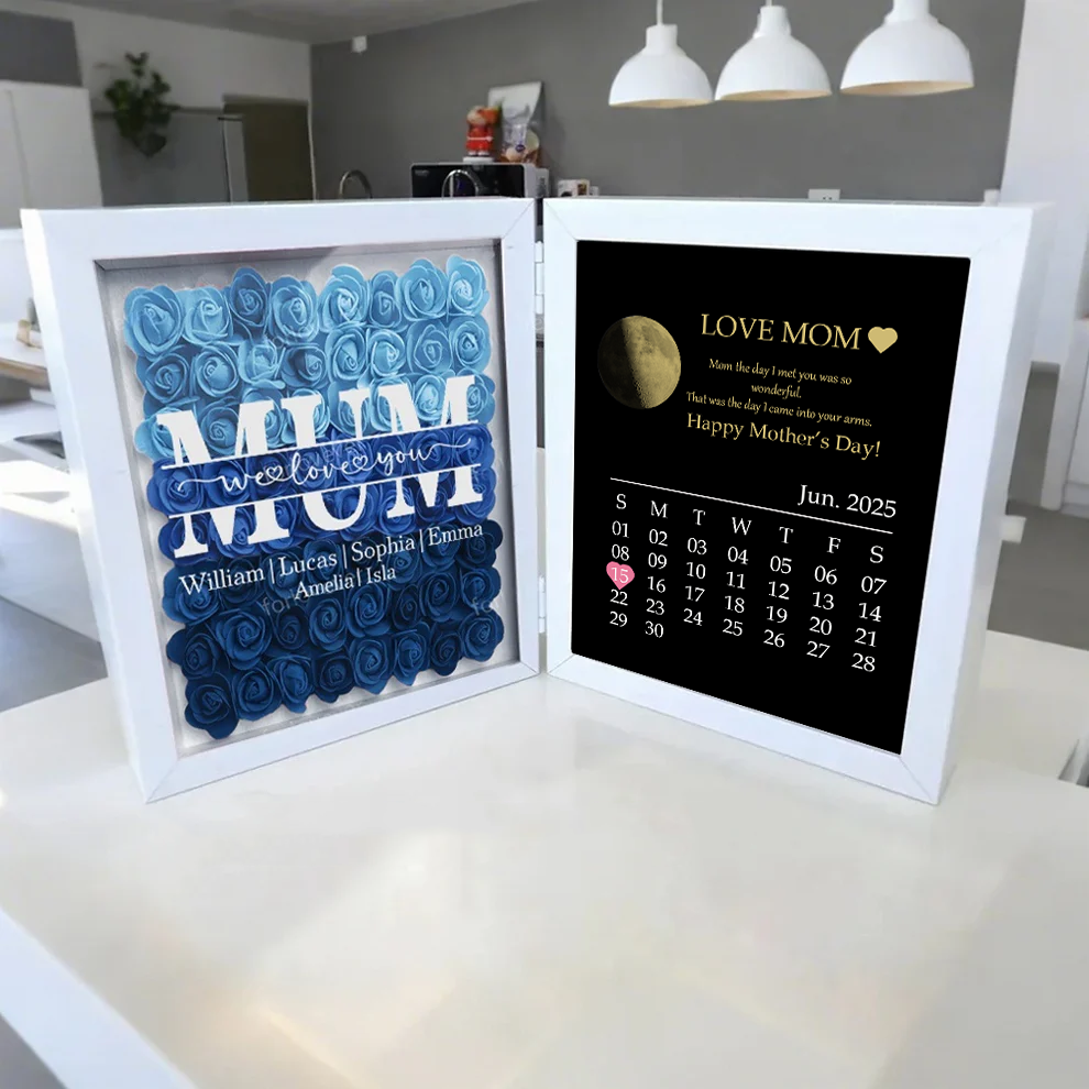 Custom Real Moon Phase Flower Shadow Box Personalised Names Mom We Love You Flower Frame Calendar Unique Gift for Mother