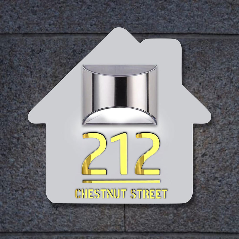 Personalised Door Address Plaque Solar Illuminated Waterproof Address House Signs Laser Cut Mirror Number Sign with LED Light House Warming Gifts