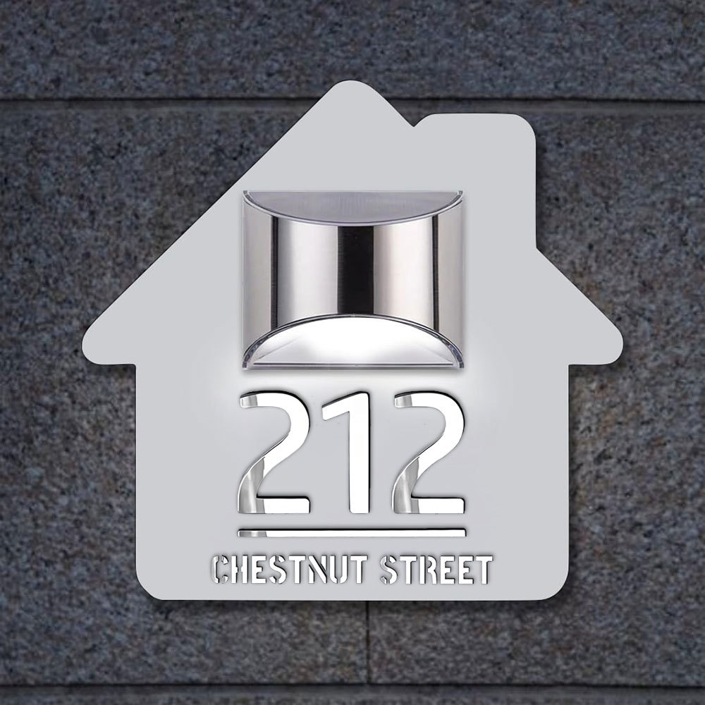 Personalised Door Address Plaque Solar Illuminated Waterproof Address House Signs Laser Cut Mirror Number Sign with LED Light House Warming Gifts