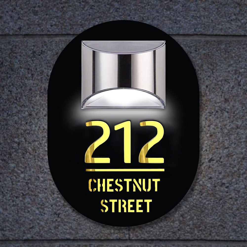 Personalised Door Address Plaque Solar Illuminated Waterproof Address House Signs Laser Cut Mirror Number Sign with LED Light House Warming Gifts