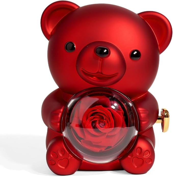 Preserved Eternal Rose Bear Giftbox with Sterling Silver Four Leaf Clover Heart Necklace Valentine's Day Jewelry Set