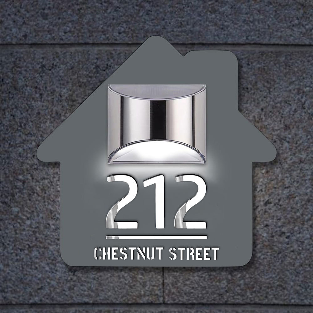 Personalised Door Address Plaque Solar Illuminated Waterproof Address House Signs Laser Cut Mirror Number Sign with LED Light House Warming Gifts