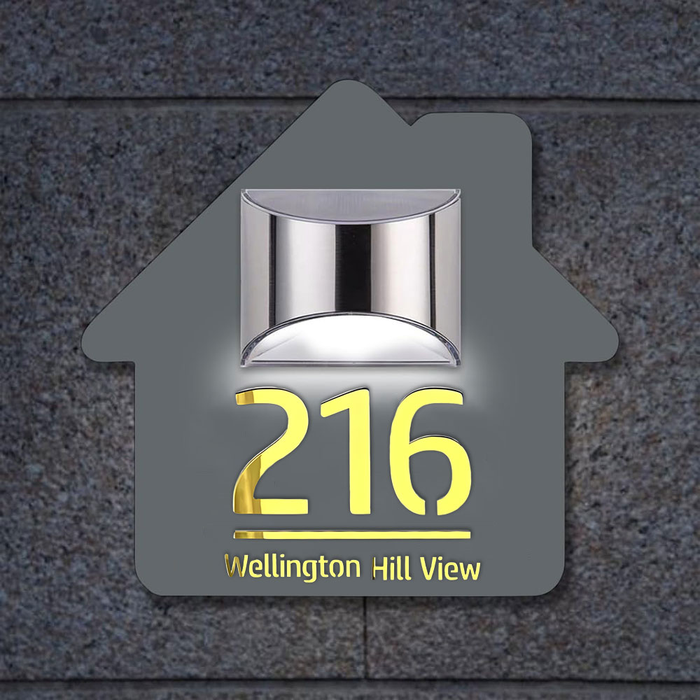 Personalised Door Address Plaque Solar Illuminated Waterproof Address House Signs Laser Cut Mirror Number Sign with LED Light House Warming Gifts