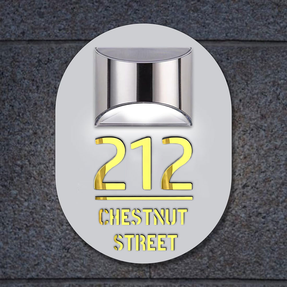 Personalised Door Address Plaque Solar Illuminated Waterproof Address House Signs Laser Cut Mirror Number Sign with LED Light House Warming Gifts