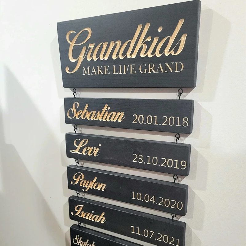 Personalised Wooden Name Sign Custom Grandkids Hanging Signs Engraved Family Name and Date Sign Personalised Gift for Grandparents