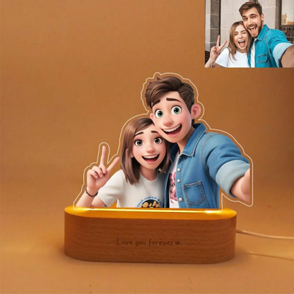 Personalised Pixar Inspired Cartoon Photo Portrait Photo Frame LED Night Lights with Base Engraved Couple Gifts