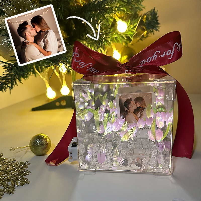 Custom Photo Tulip Flower Mirror LED Night Light Cube Light Box with Your Picture and Text