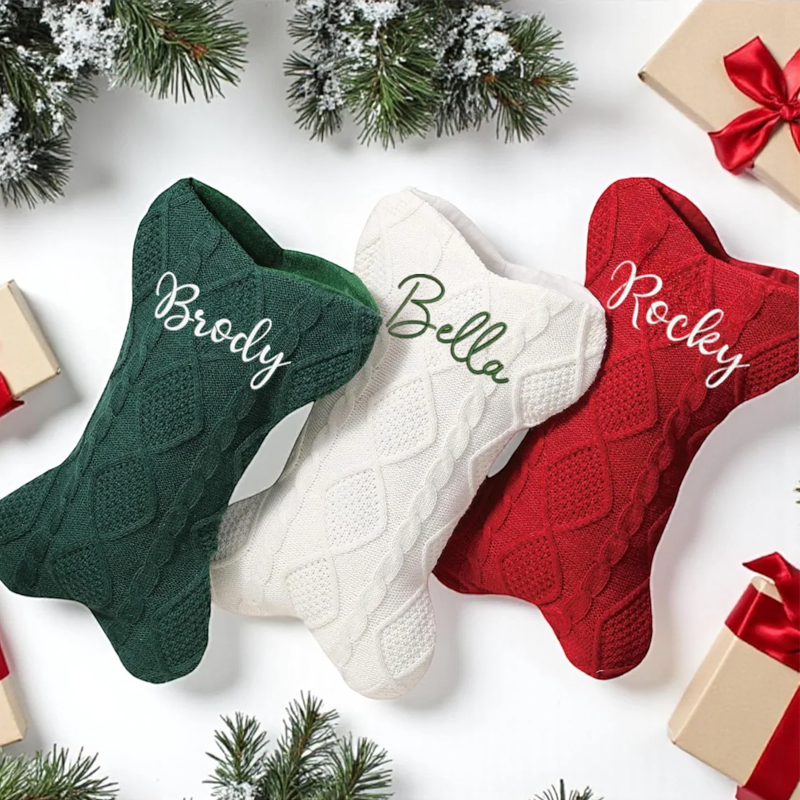 Personalised Embroidered Name Knit Christmas Stockings Knitted Bone Ornament Christmas Holiday Gifts