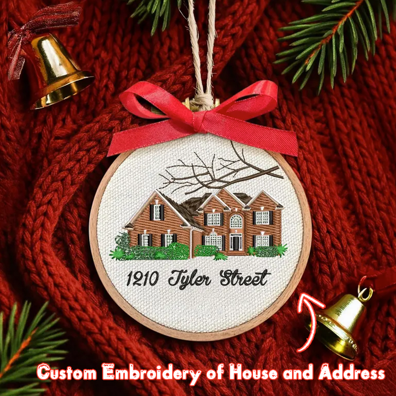 Custom House Embroidered Ornament First Christmas at New Home Gift Personalised Home Portrait and Address Embroidery Hoop Wedding or Housewarming Gift