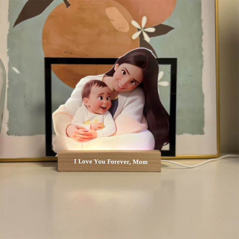 Personalised Heart Cartoon Portrait Style 3D Photo and Text Frame Night Light Mothers Day Gifts