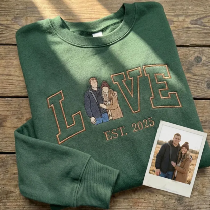 Custom Couple Embroidered Sweatshirt from Photo Personalised Picture Portrait Hoodie with Love and Est Year Couple Valentine Gifts