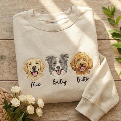 Custom Pet Portrait Sweatshirt with 1 to 3 Pets Photos and Names Embroidered Hoodie Gifts for Cat Lover & Dog Lovers