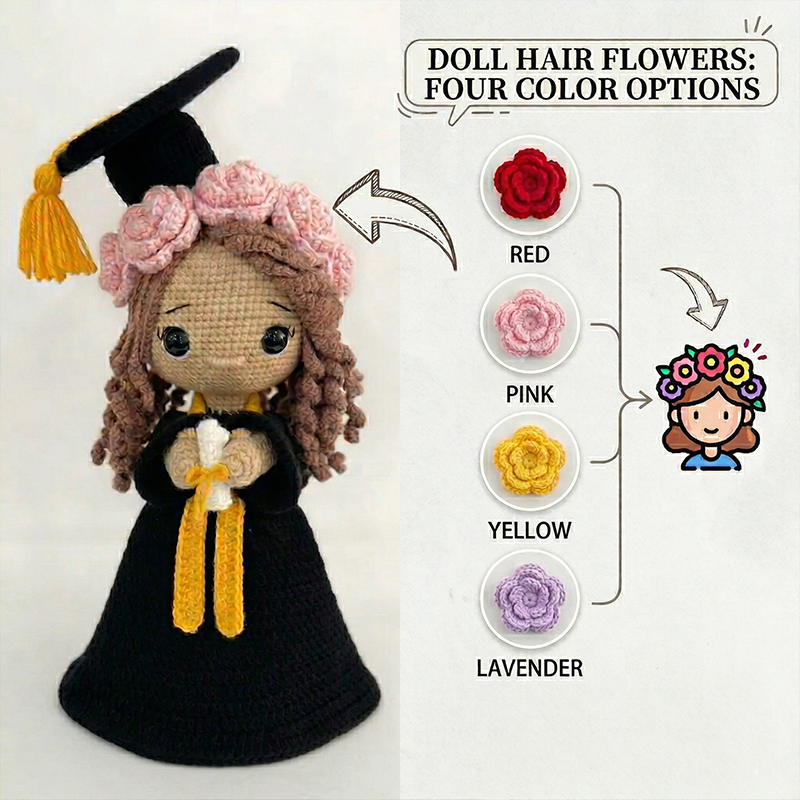 Handmade Finished Reversible Crochet Graduation Rose Bouquet with Embroidered Name Custom Crochet Doll Graduation Gifts