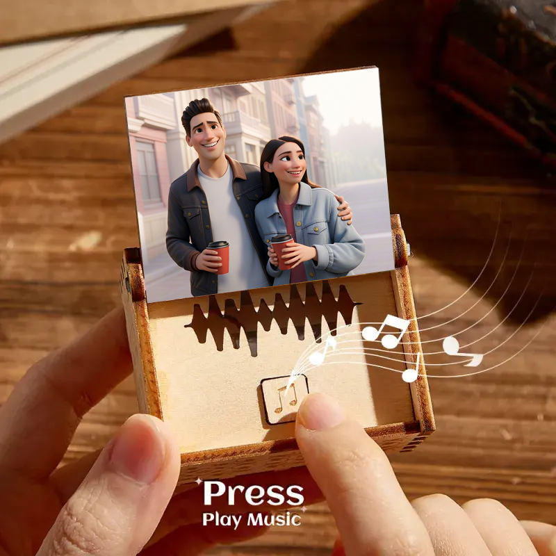 Custom Your Song and Portrait Photo Cartoon Style Music Box Can Play Whole Song Fathers Day Gifts