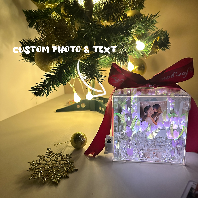 Custom Photo Tulip Flower Mirror LED Night Light Cube Light Box with Your Picture and Text