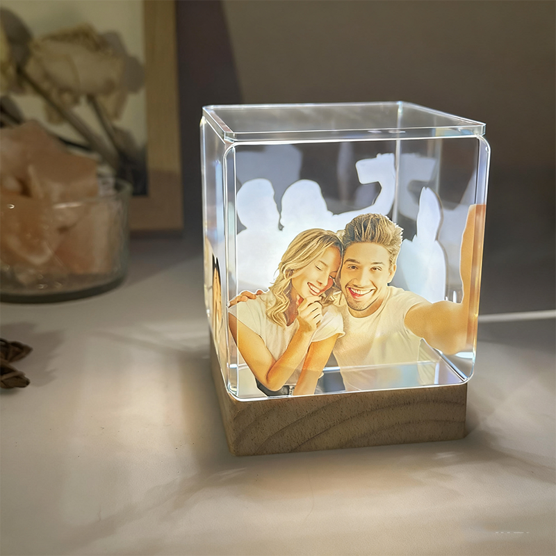 Custom Collage Photo Cube Night Light Box Lamp with Your Picture and Text Wooden Base Christmas Gifts