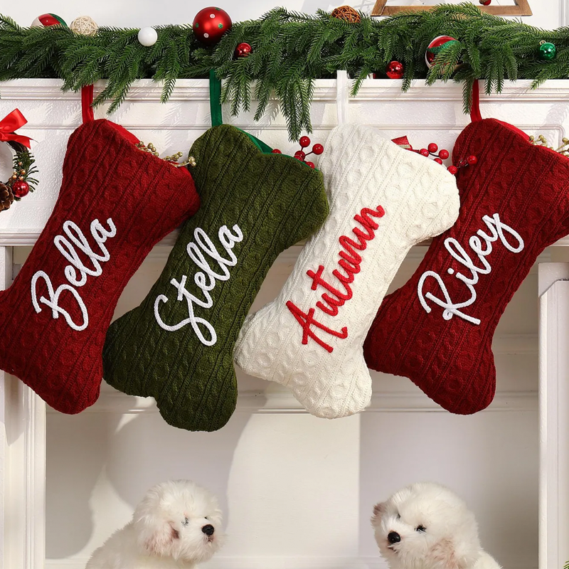 Personalised Name Hand Embroidered Dog Bone Knitted Pet Stockings Bone Shaped Christmas Gifts for Family