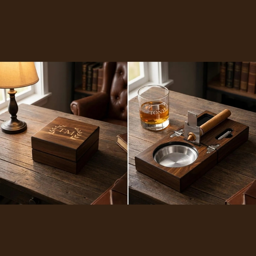 Personalised Cigar Ashtray Walnut Box Set Engraved Wood Ashtray with Ashtray Guillotine & Custom Cigar Cutter Gifts for Him