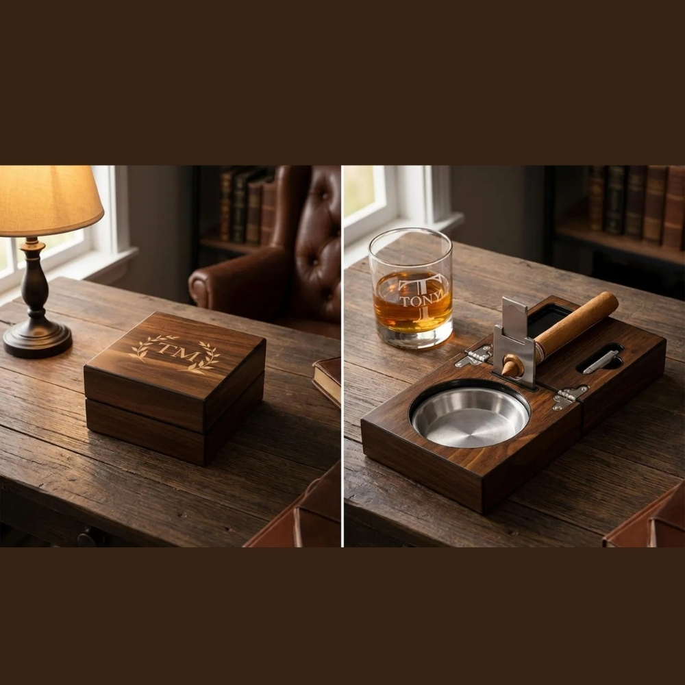 Personalised Cigar Ashtray Set | Engraved Walnut Wood Cigar Ashtray + Custom Cigar Cutter