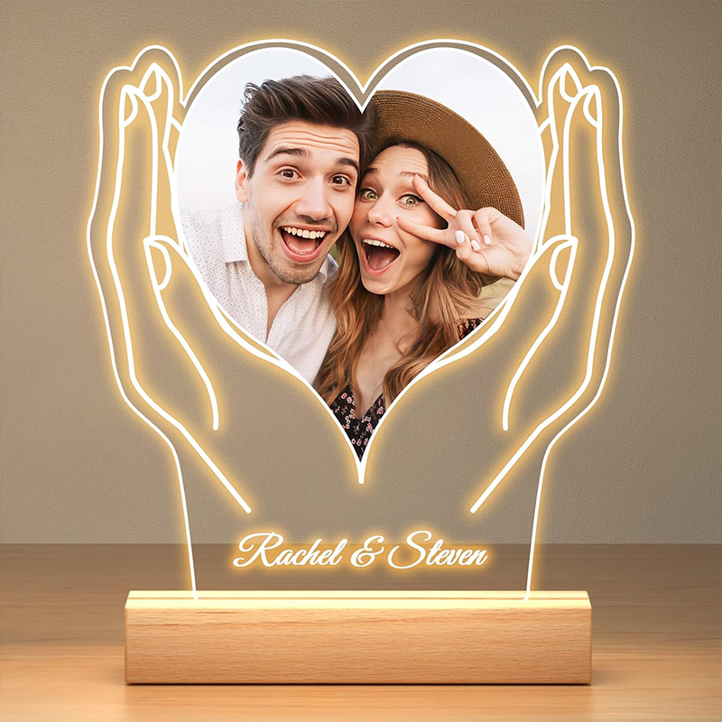 Personalised Photo and Text Heart on Hands Night Light Anniversary Gift For Him