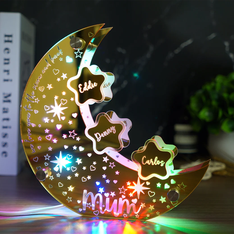 Personalised Acrylic Moon Sign Lamp for Mom Custom Moon Mirror Light Stars with Family Names Mother's Day Gift