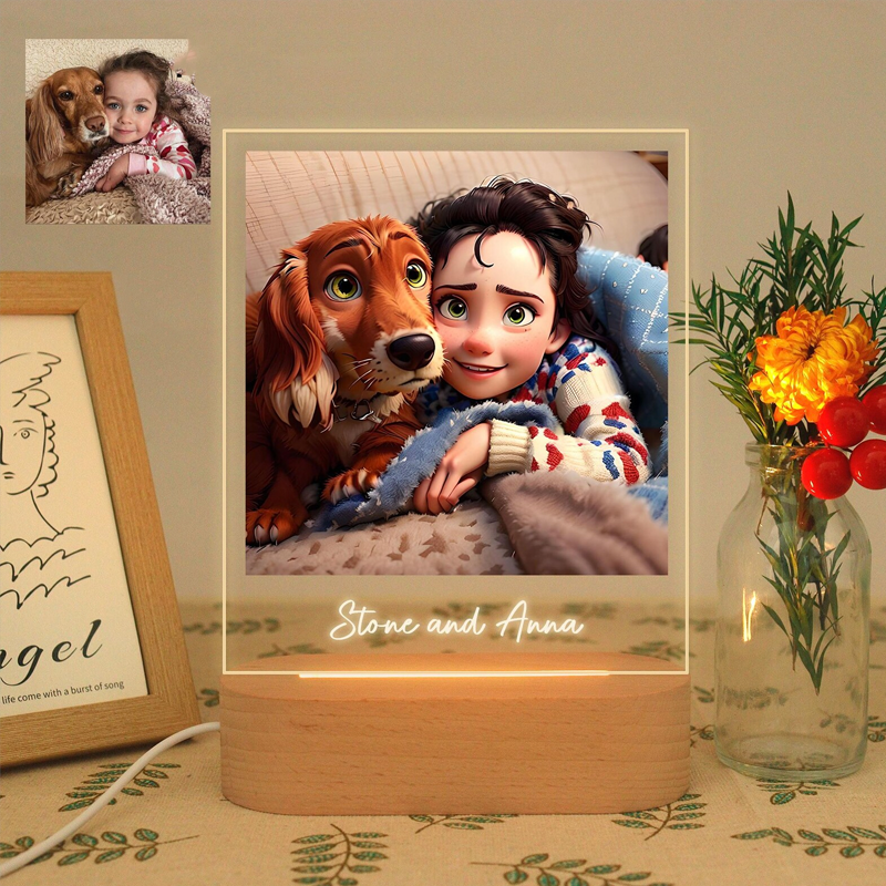 Personalised Pixar Portrait Photo Cartoon Style 3D LED Photo Frame Night Lights with Text Christmas Gifts