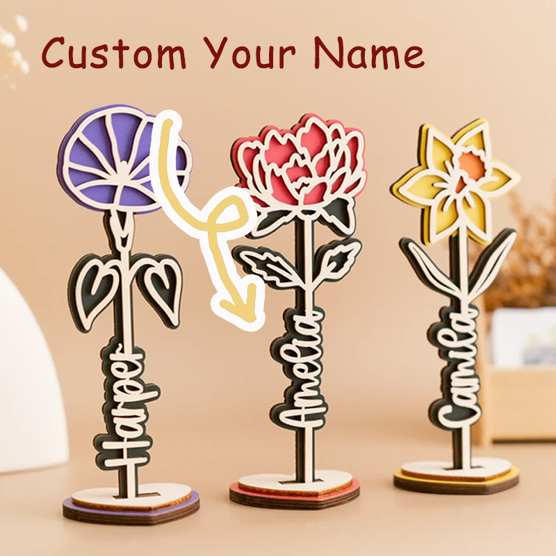 Personalised Wooden Rose Flower Name Stand Laser Cut Plywood Names & Birth Month Flowers Gifts for Mom