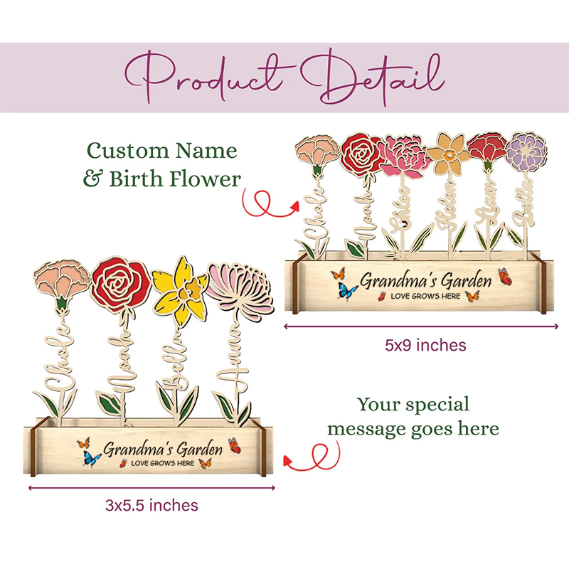 Personalised Wooden Birth Flower Garden Sign Grandma's Garden Names & Birth Month Flowers