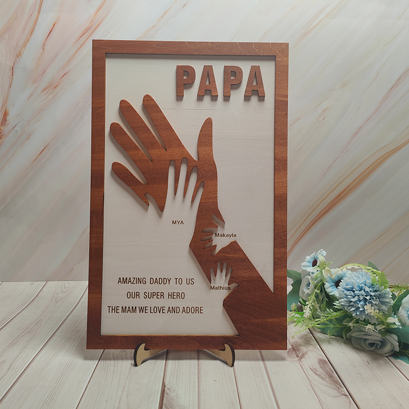 Custom Dad and Kids Palm Wooden Frame Personalised Name Sign Fathers Day Gift from Daughter Kids Son