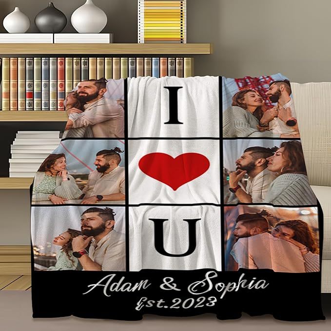 Custom Photos Collage Blanket Personalised Throw Blanket with Photos Text Gift for Family Couple