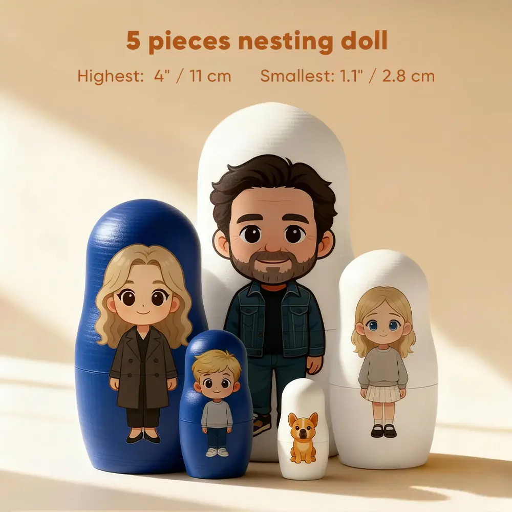 Personalised Portrait Nesting Doll Custom Photo Family Set Cartoon Style Gift Christmas Birthday Keepsake for Parents Kids Couples