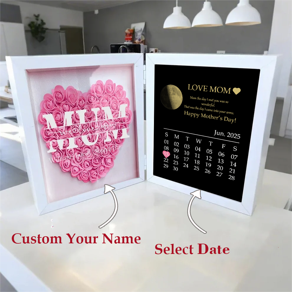 Custom Real Moon Phase Heart Flower Shadow Box Personalised Names Mom We Love You Flower Frame Calendar Unique Gift for Mother