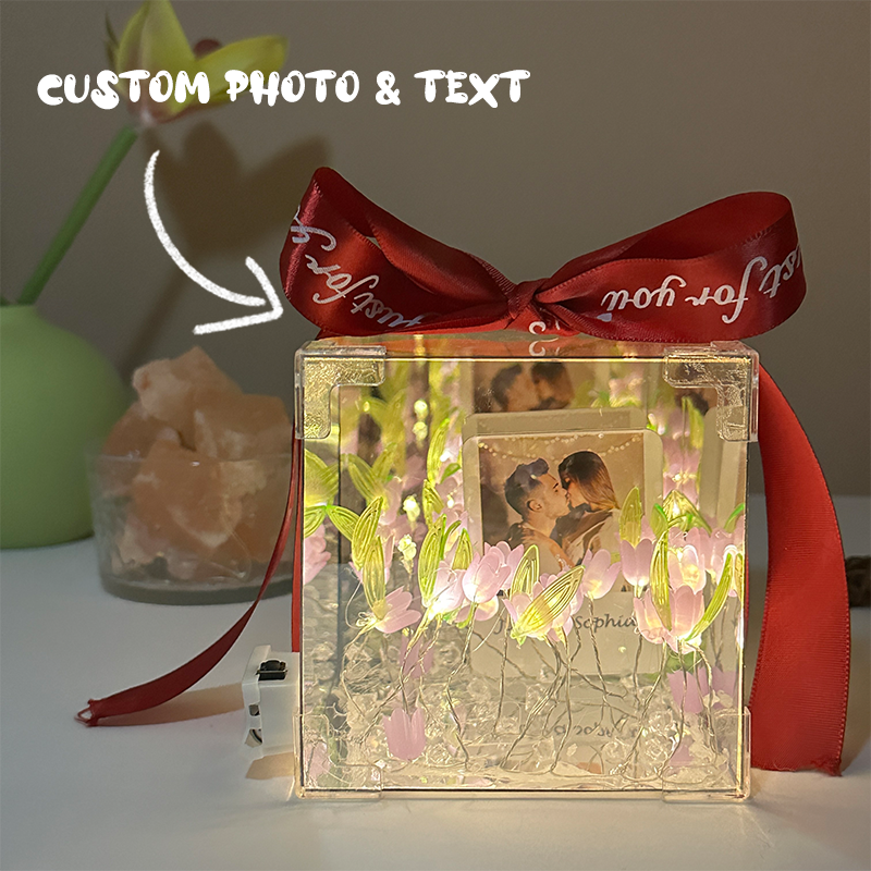 Custom Photo Tulip Flower Mirror LED Night Light Cube Light Box with Your Picture and Text