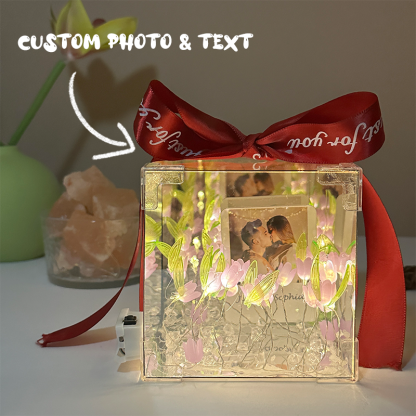 Custom Photo Tulip Flower Mirror LED Night Light Cube Light Box with Your Picture and Text