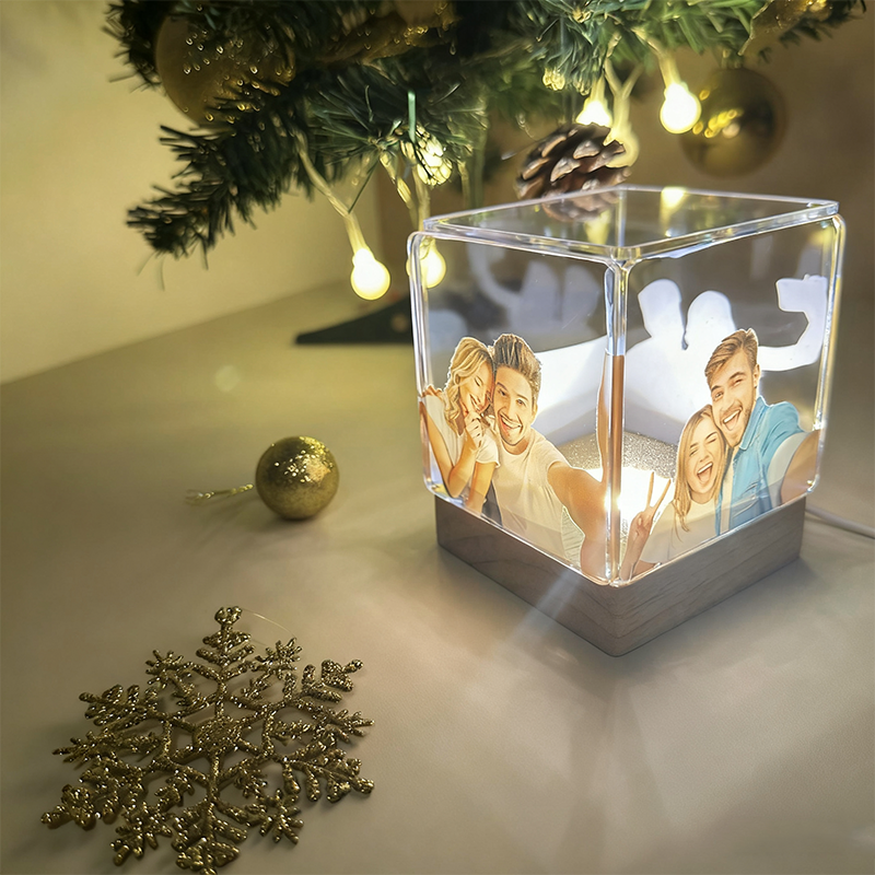 Custom Collage Photo Cube Night Light Box Lamp with Your Picture and Text Wooden Base Christmas Gifts