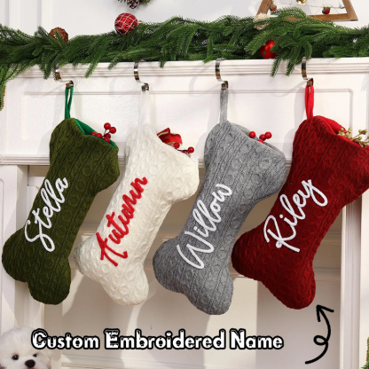 Personalised Name Hand Embroidered Dog Bone Knitted Pet Stockings Bone Shaped Christmas Gifts for Family
