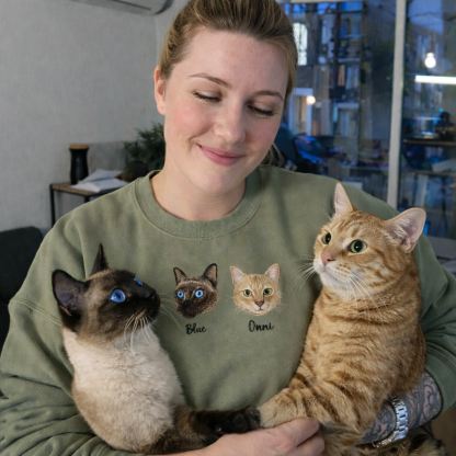 Custom Pet Portrait Sweatshirt with 1 to 3 Pets Photos and Names Embroidered Hoodie Gifts for Cat Lover & Dog Lovers