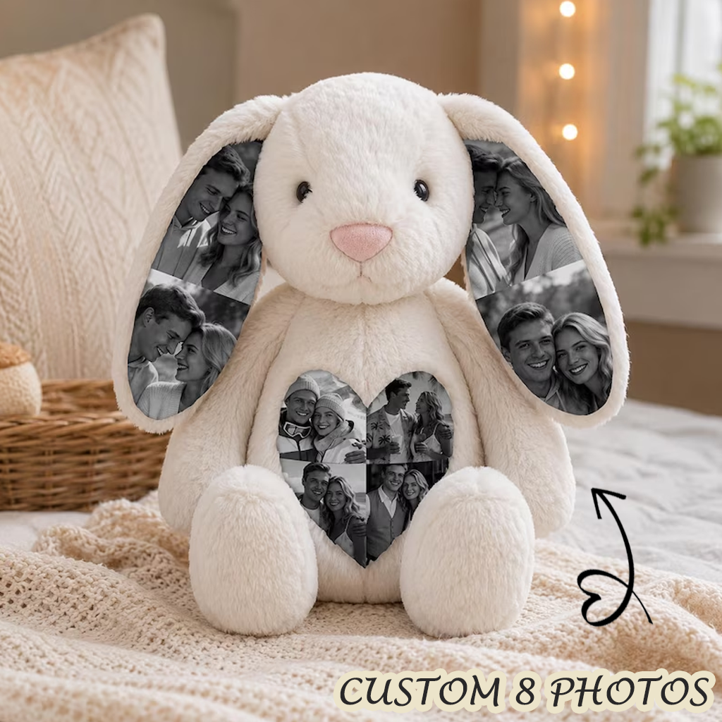 Custom Photo Bunny Plush with Hidden Ear Pictures and Love Heart Photo Collage Personalised Bunny for Couples Anniversary