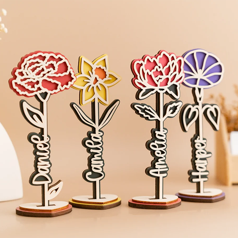 Personalised Wooden Rose Flower Name Stand Laser Cut Plywood Names & Birth Month Flowers Gifts for Mom