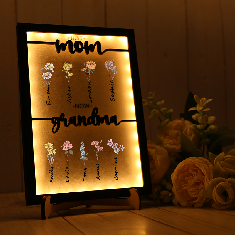 Grandma Garden Wooden Sign Night Light Personalised Name Birth Month Flower Frame Gift For Mom and Grandma