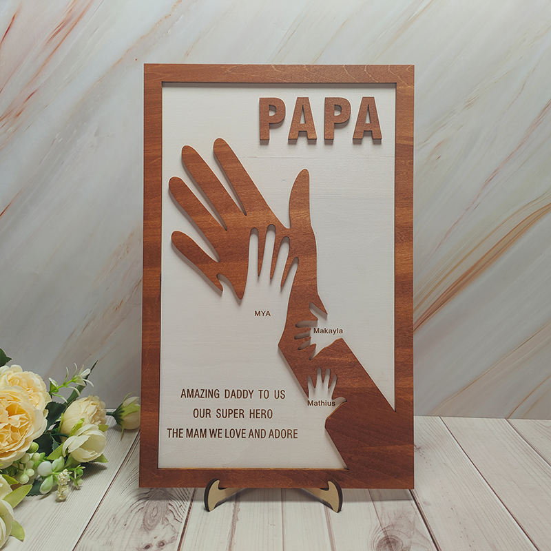 Custom Dad and Kids Palm Wooden Frame Personalised Name Sign Fathers Day Gift from Daughter Kids Son
