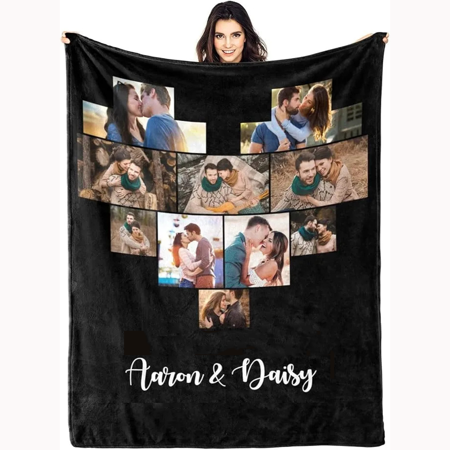 Custom Couple Blanket Photos Collage Blanket Personalised Throw Blanket with Photos Text Gift for Family Couple
