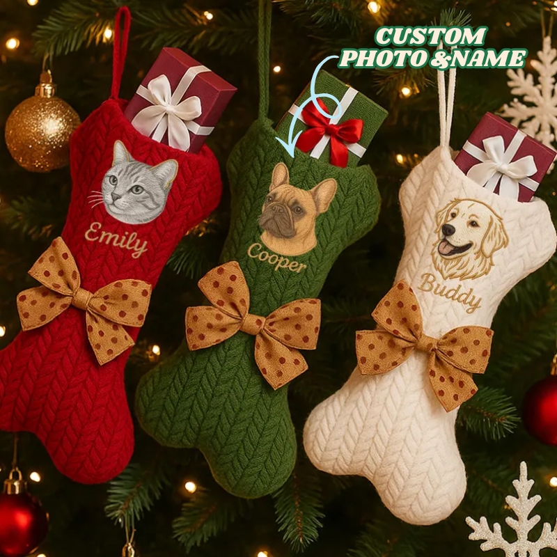 Personalised Pet Portrait Christmas Stocking Custom Dog Bone Knit Stocking with Embroidered Pet Face & Name Holiday Gift for Dogs Cats